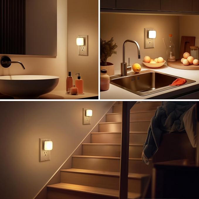 LED Night Lights Plug into Wall, 4 Pack Nightlights With Light Sensor Dusk to Dawn, 0.3W Square Plug in Night Light for Kids, 3000K Warm White Night Light for Bathroom Bedroom Kitchen, Night Lights