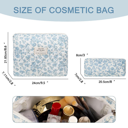 Gosect 2PC Makeup Bag Set, Cute Cosmetic Bag for Women Girls, Floral Coquette Aesthetic Toiletry Bag, Travel Make Up Organizer Bag (Blue Floral)