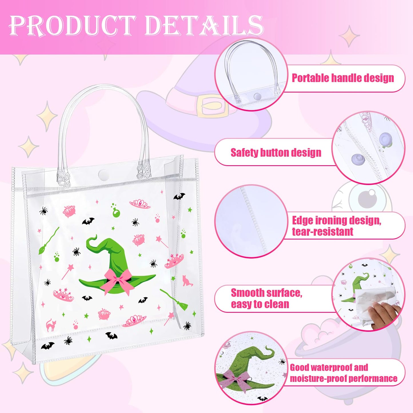 Liobelon Witch Party Gift Bags 24-Pack - Witch Party Favors Plastic Goodie Bags with Handles, PVC Pink and Green Party Treat Bag for Women, Magic Easter Eggs, Magic Festival, Birthday Decorations