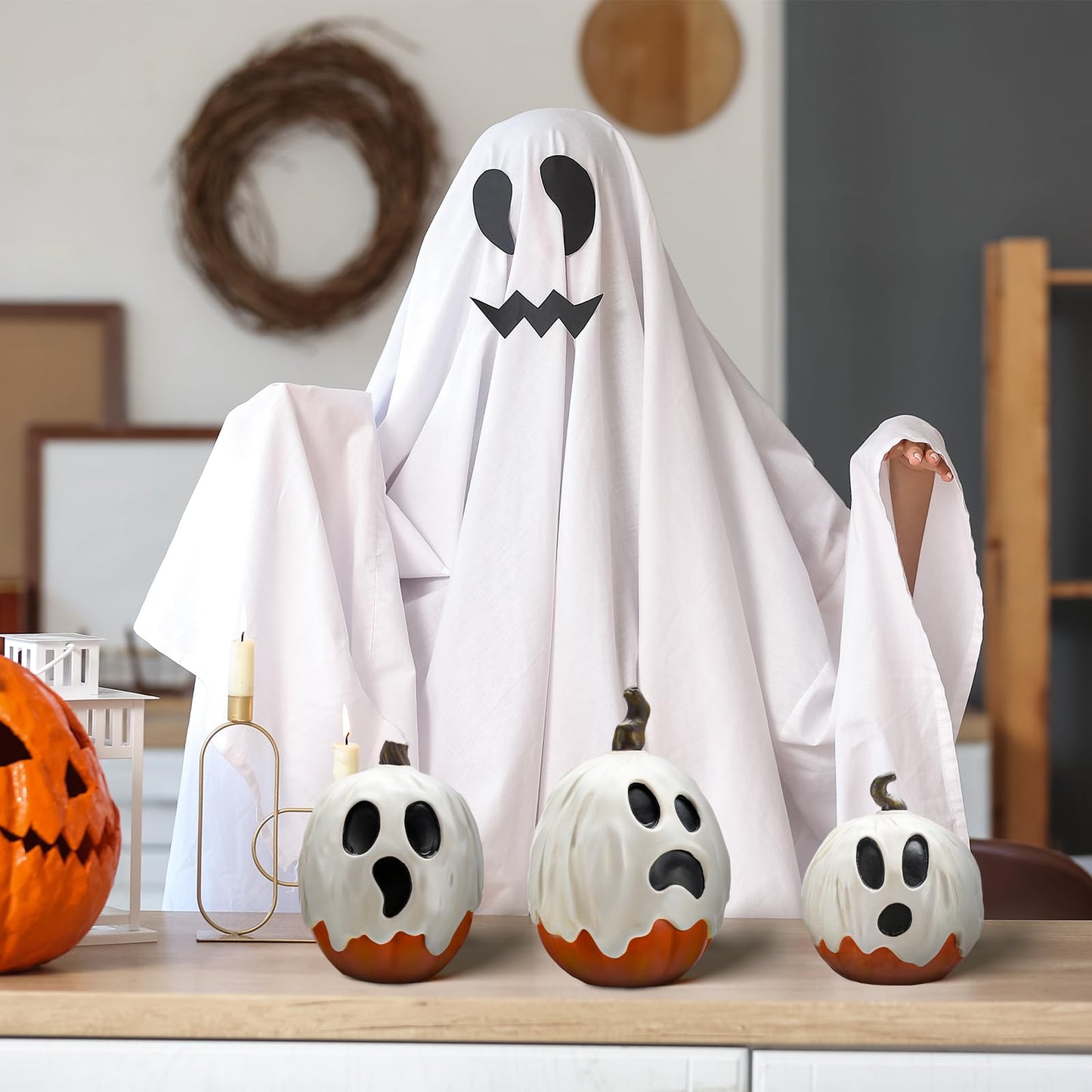 Halloscume 3 Pcs Halloween Ghost Pumpkins Figurines Table Decorations 5.91" 3.94" and 5.12" Resin Pumpkins Statue Tabletop Signs Halloween Decor for Party Shelf Mantel Centerpieces Indoor