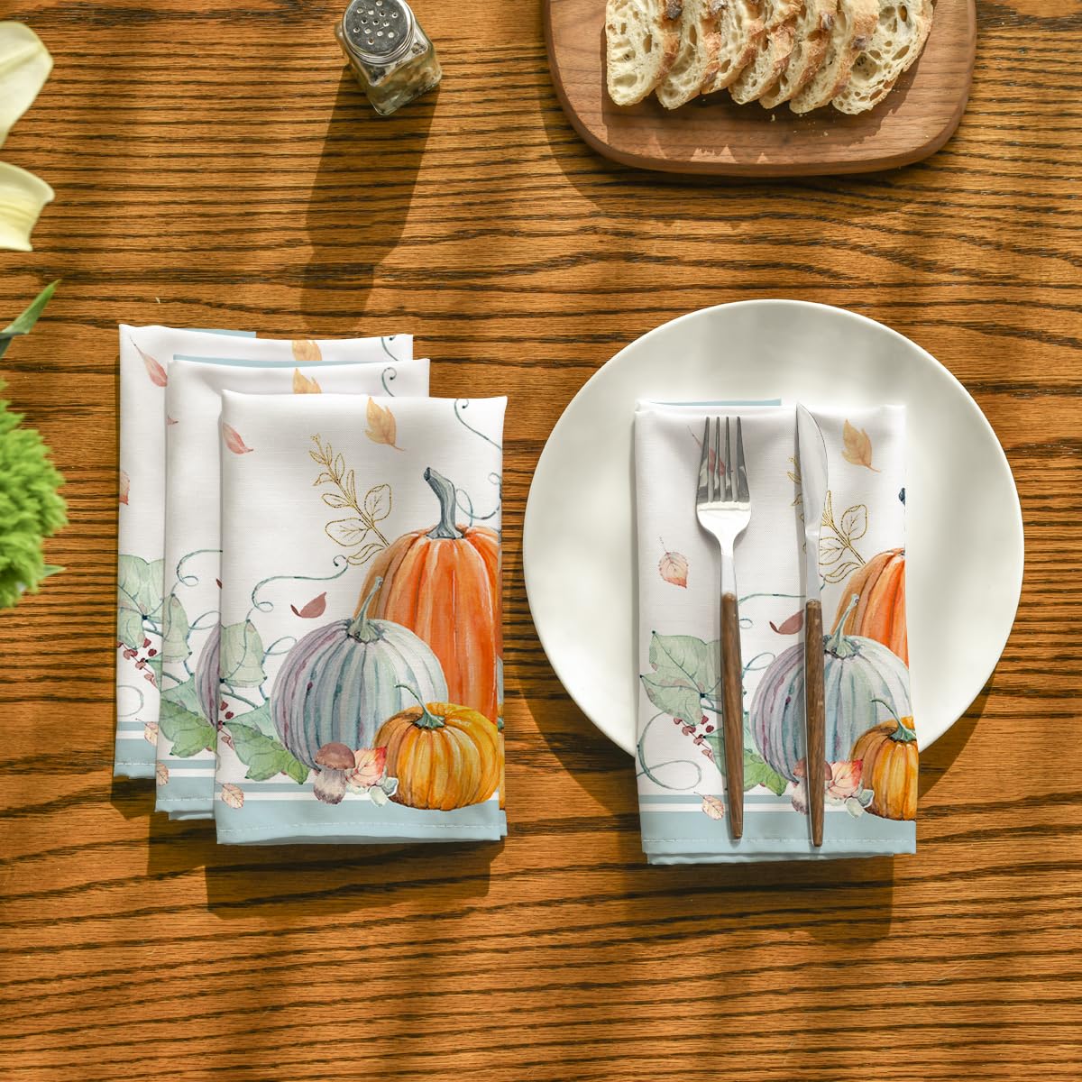 Horaldaily Fall Cloth Napkins 18 x 18 Inch, Thanksgiving Autumn Harvest Orange Blue Pumpkin Leaves Party Dinner Decoration Washable Napkins Set of 6