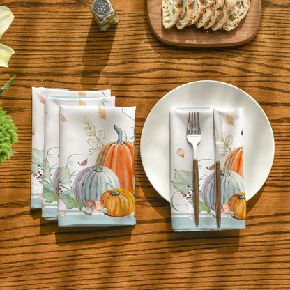 Horaldaily Fall Cloth Napkins 18 x 18 Inch, Thanksgiving Autumn Harvest Orange Blue Pumpkin Leaves Party Dinner Decoration Washable Napkins Set of 6