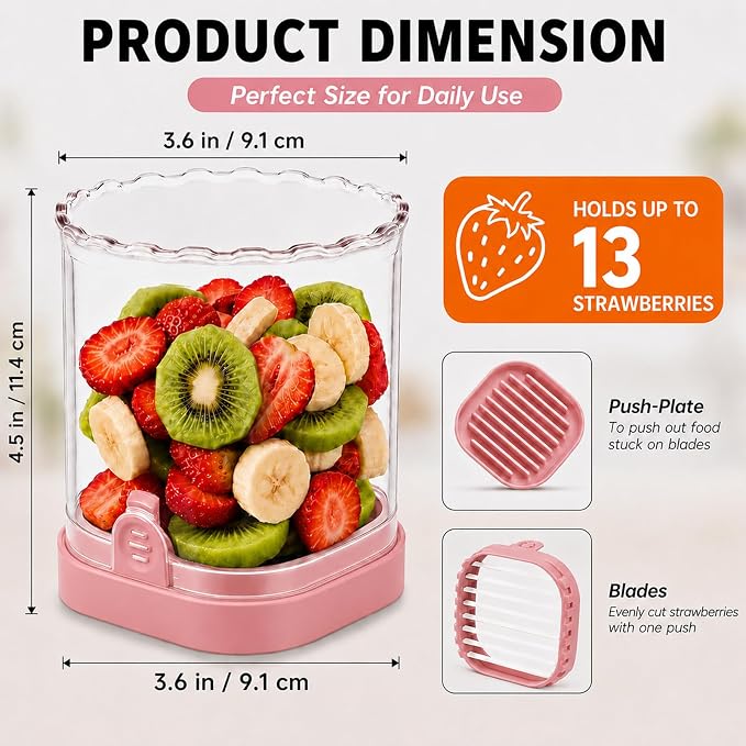 CUNSENR Strawberry Slicer, Fruit Slicer Cup with Stainless Steel Blades, Detachable Strawberry Cutter & Fruit Cutter for Strawberries, Banana, Egg, Cucumber, Mushroom, Quick Meal Prep - Pink