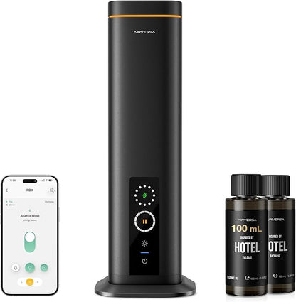 Airversa Waterless Diffuser, Smart Tower Diffuser with App Control, Cold Air Scent Diffuser Oil Machine for Homes Offices Hotels, 300mL Capacity, Up to 1500 sq ft, DC-12V/1A Plug, RDX Black Kit