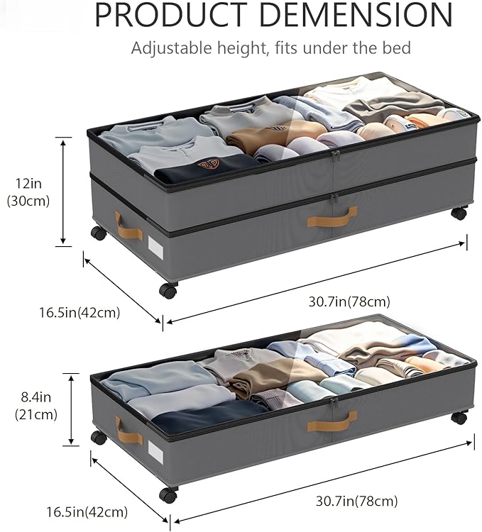 Under Bed Storage with Wheels 2-Pack, 75L XXL Under the Bed Storage Containers Large, 12" Tall Adjustable Storage for Underbed with Lids, Rolling for Clothes, Shoes, Blankets (4PCS-Grey)