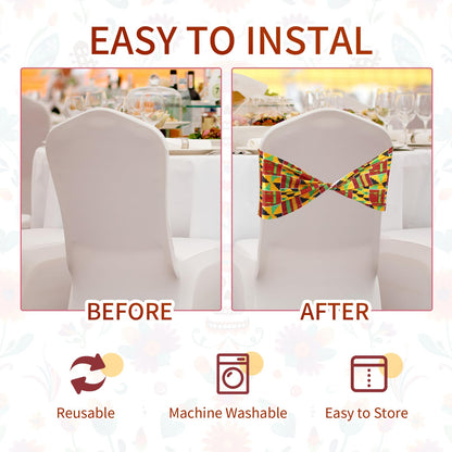 Newwiee 48 Pcs African Kente Chair Sashes Spandex African Kente Chair Covers Animal Print Elastic Chairs Sashes Bow Polyester Bands Ties Without Buckle for Animal Safari Theme Party Birthday Decor