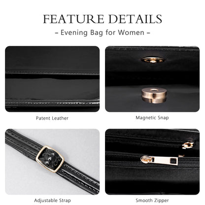 Toptime Patent Leather Evening Bag Clutch Purse for Women, Shiny Black Shoulder Bag with Adjustable Strap, Envelope Crossbody Bags Handbag with 2 Compartments for Prom Cocktail Party Wedding