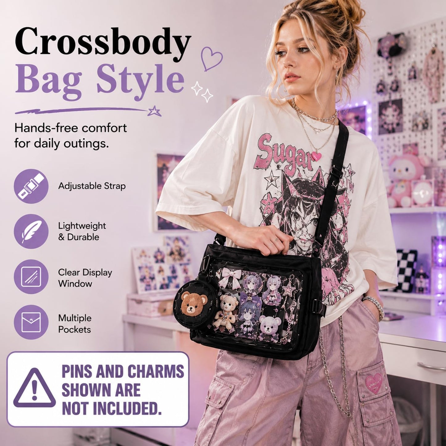 Inshere Ita Crossbody Bag, Nylon Messenger Bag with Clear Display Window and Detachable Pin Display Bag, Kawaii Shoulder Purse with Multiple Pockets, Black