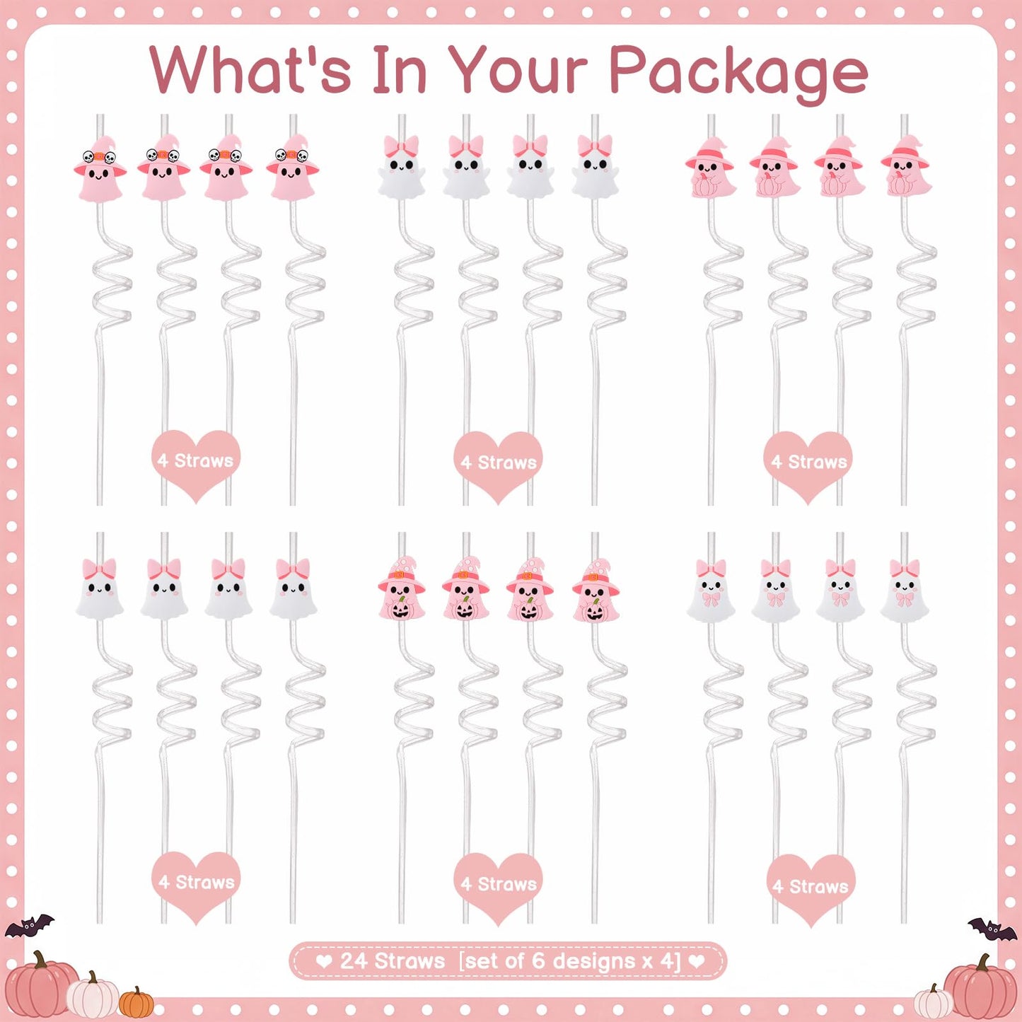 Acellegic 24 Pcs Halloween Reusable Plastic Straws Bulk Pink White Ghost Glitter Plastic Straws Cute Cartoon Ghost Decoration for Adults Halloween Party Supplies Birthday Party Favors