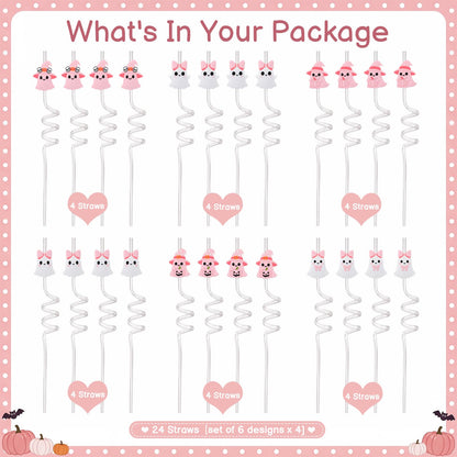 Acellegic 24 Pcs Halloween Reusable Plastic Straws Bulk Pink White Ghost Glitter Plastic Straws Cute Cartoon Ghost Decoration for Adults Halloween Party Supplies Birthday Party Favors