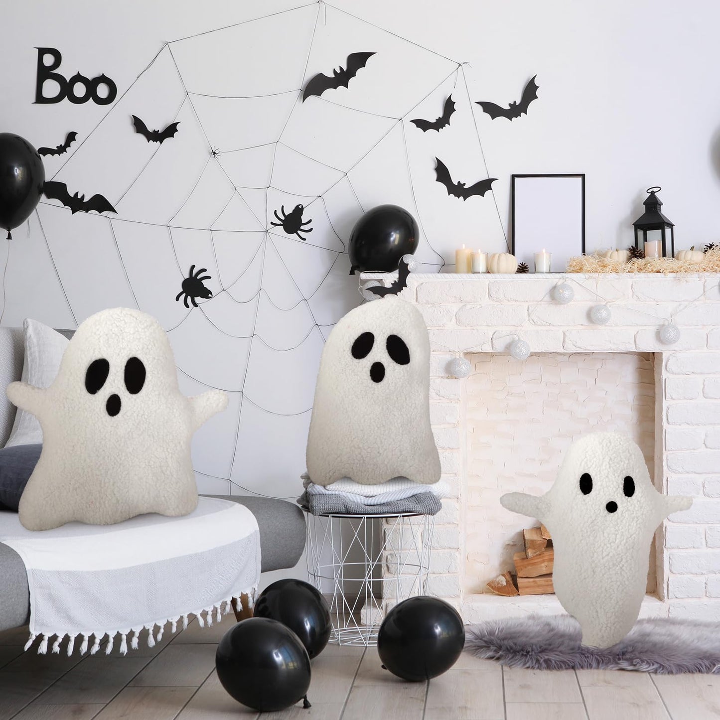 Soaoo 3 Pcs Halloween Pillows 12.6'' x 9.45'' Decorative Spooky Pillows for Sofa White Throw Pillows Decorative Plush Sofa Ghost Cushion for Indoors Home Outdoor Couch Kids