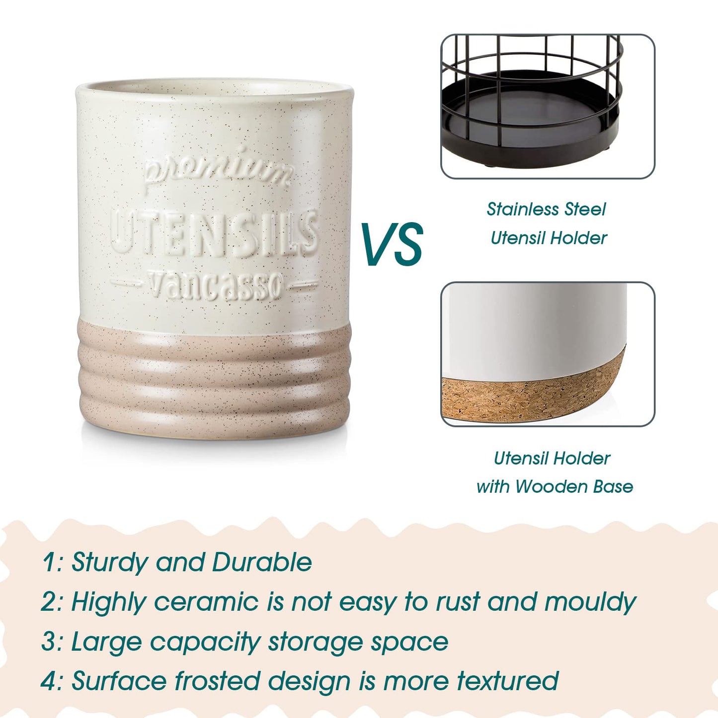 vancasso Sabine Ceramic Utensil Holder for Kitchen Counter, 7.2" Large Utensil Crock, Matte Cream Farmhouse Kitchen Utensil Holder, Countertop Organizer for Spoons, Spatulas and Cooking Tools