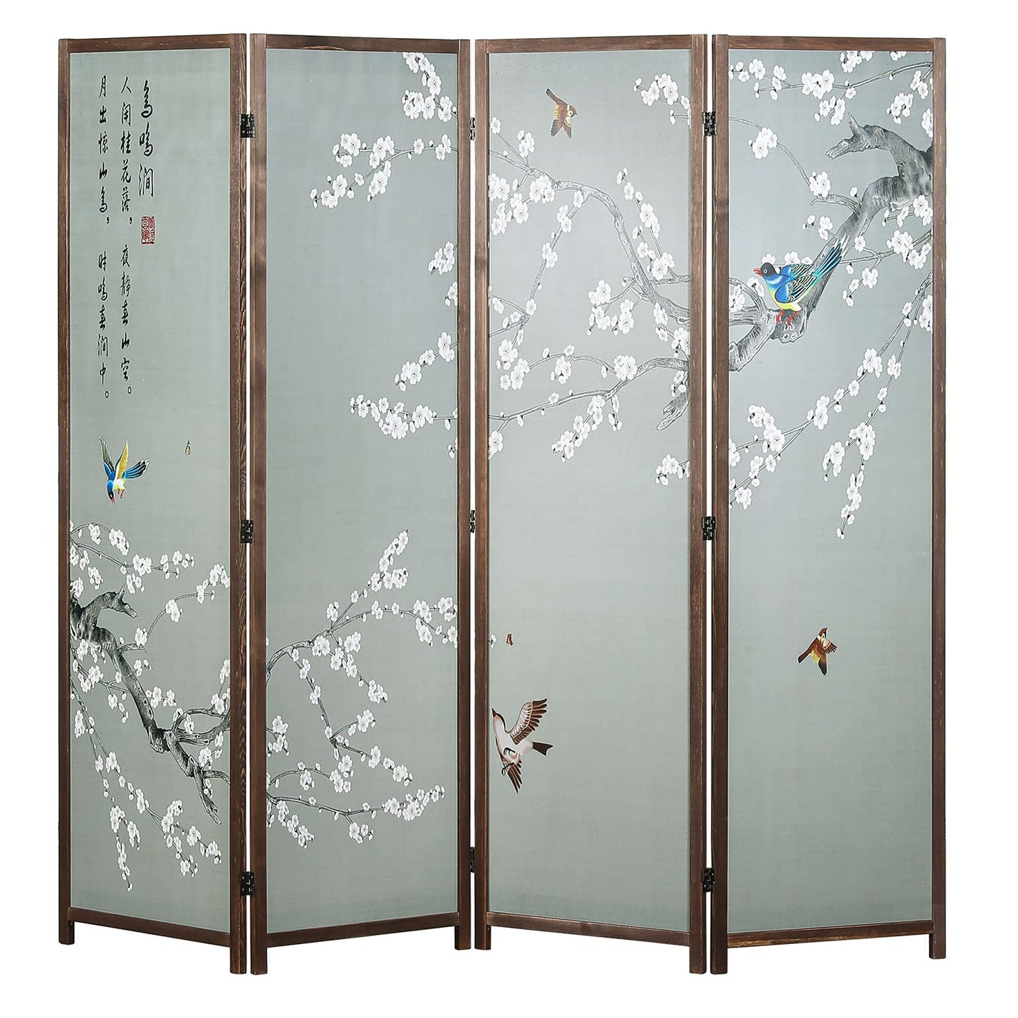 MyGift 4-Panel Asian-Inspired Folding Room Divider with Cherry Blossom Tree & Bird Design Poetry Calligraphy and Brown Wooden Frame 78''W x 70.5''H(6FT)