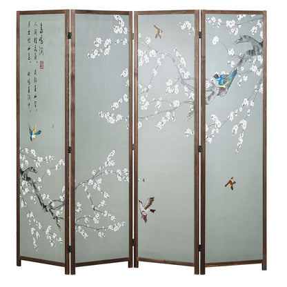 MyGift 4-Panel Asian-Inspired Folding Room Divider with Cherry Blossom Tree & Bird Design Poetry Calligraphy and Brown Wooden Frame 78''W x 70.5''H(6FT)