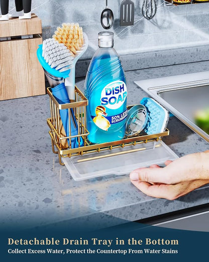 Consumest Sink Caddy, Kitchen Sponge Holder with Dish Brush Holder, Kitchen Sink Organizer with Drip Tray for Countertop, Stainless Steel Rustproof - Gold