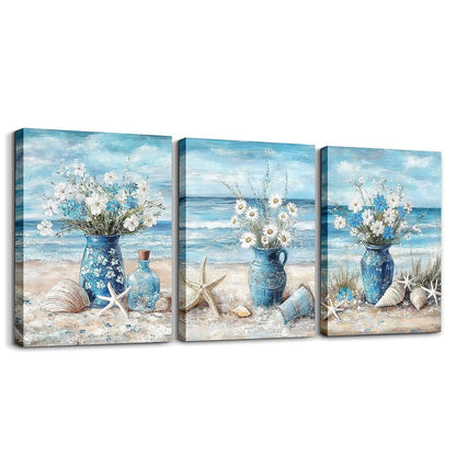 jejeloiu Blue Beach Canvas Wall Art for Living Room Bedroom 12"x16"x3pcs Daisy Flroal Picture Wall Decor for Bathroom Starfish Coastal Ocean Office Decorations Artwork Posters Ocean Marine Painting