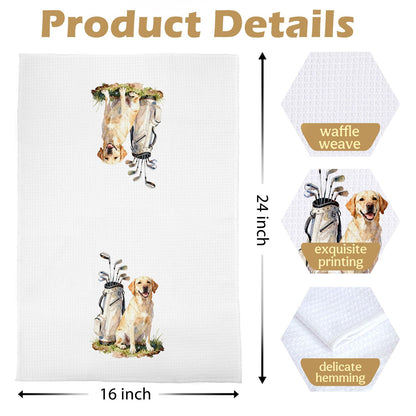 XIVENHAVM Golf Labrador Kitchen Towels Set - Yellow Lab Gifts Decorative Waffle Dish Towels, Labrador Retriever Golf Gifts Hand Towel, Sport Club Gift Tea Towel, 16×24 Inches Set of 2