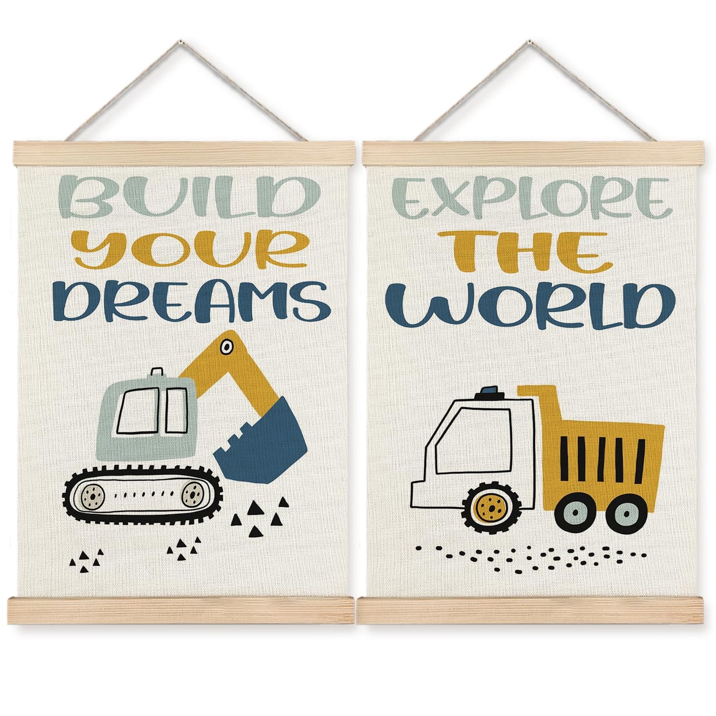 BearCake Construction Decor for Boys Room, Cartoon Excavator Truck Wall Art Poster Hanger Frame, Construction Canvas Prints Framed Wall Decor for Toddler Boy Room Playroom Nursery, 12x16 Inch Set of 2