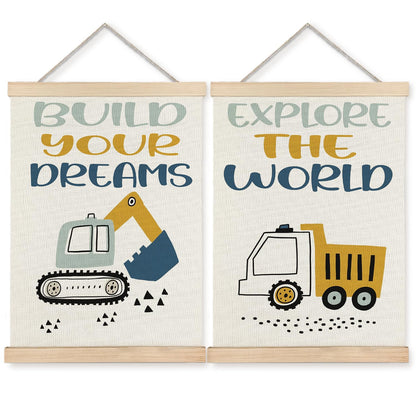 BearCake Construction Decor for Boys Room, Cartoon Excavator Truck Wall Art Poster Hanger Frame, Construction Canvas Prints Framed Wall Decor for Toddler Boy Room Playroom Nursery, 12x16 Inch Set of 2