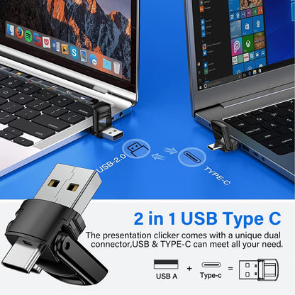 2-in-1 USB Type C Presentation Clicker, Clicker for PowerPoint Presentations, Rechargeable Wireless Presenter Remote, RF 2.4GHz USB PowerPoint Clicker Slide Advancer with Volume Control