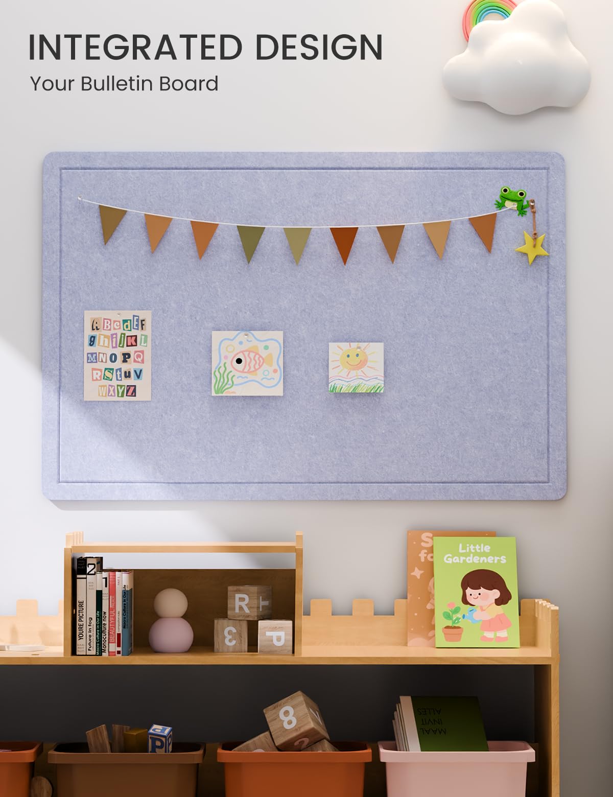 Fluxynara Bulletin Board,35.4" x 23.6" Cork Board Alternative with 12 Safe Removable Adhesive Tabs, Foldable Felt Pin Board for Home Office, Classroom, Bedroom,Entryway for Walls—Soft Periwinkle