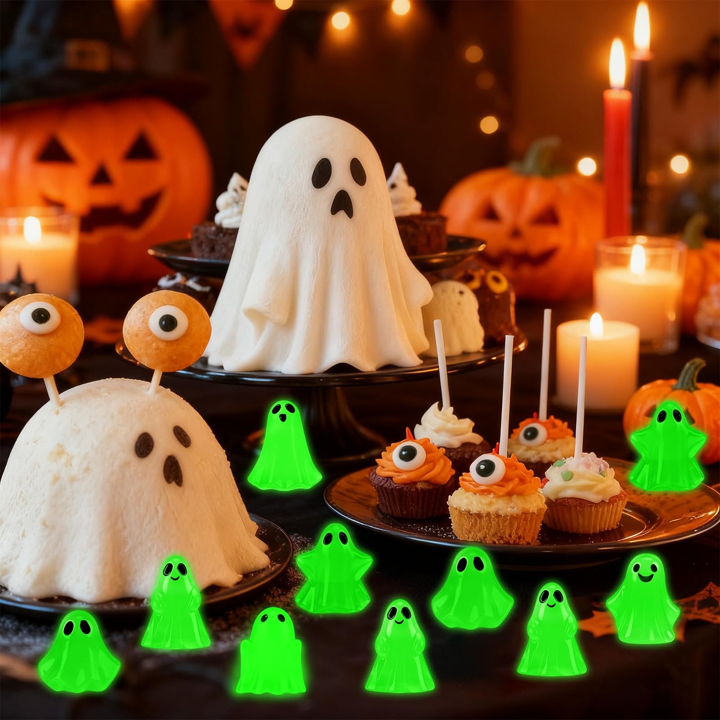 80Pcs Mini Luminous Ghost Figurines 6 Style Glow in The Dark Tiny Small Ghost Miniatures for Halloween Spooky Tiered Tray Table Centerpiece Decor Vase Filler Party Favors