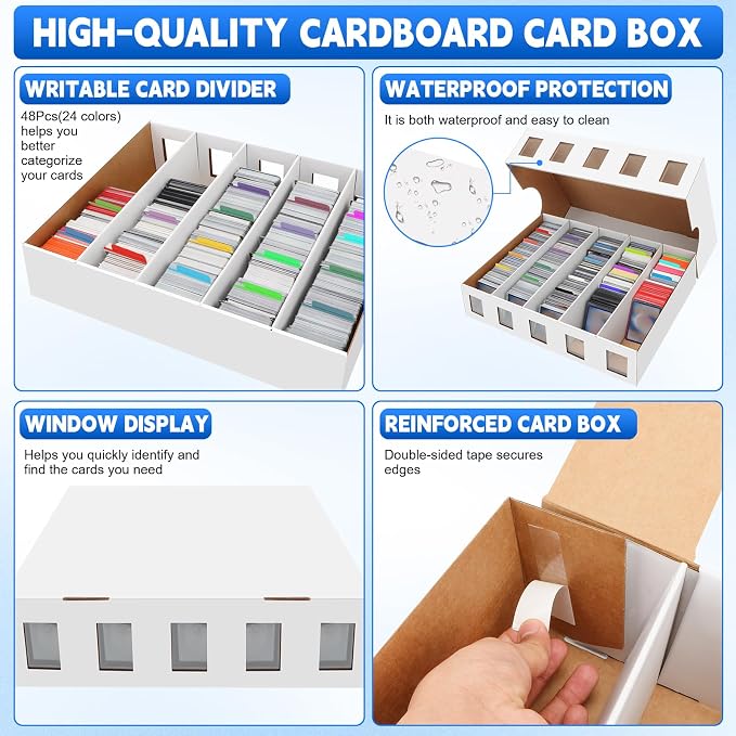 4 Pack Trading Card Storage Box, 14800+ Count Card Storage Box with 48 Card Divider White Sports Storage Card Box Organizer Bulk Card Cases Cardboard Card Box for Basketball MTG Cards Collection
