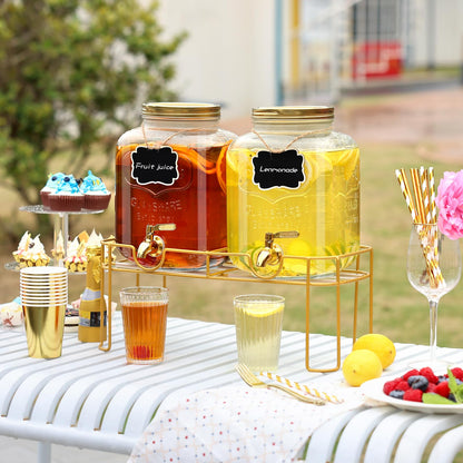 1.6 gallon Glass Beverage Dispenser with Stand, 2PACK Lemonade Dispenser with Spigot Stainless Steel, Drink Dispensers for Parties,Picnic,Weddings(Golden)