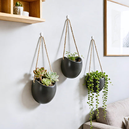 Kvetto Set of 3 Ceramic Wall Vases - Hanging Pocket Planters for Indoor Plants, Wall Decor for Entryway Hallway Bathroom Living Room Dining Room