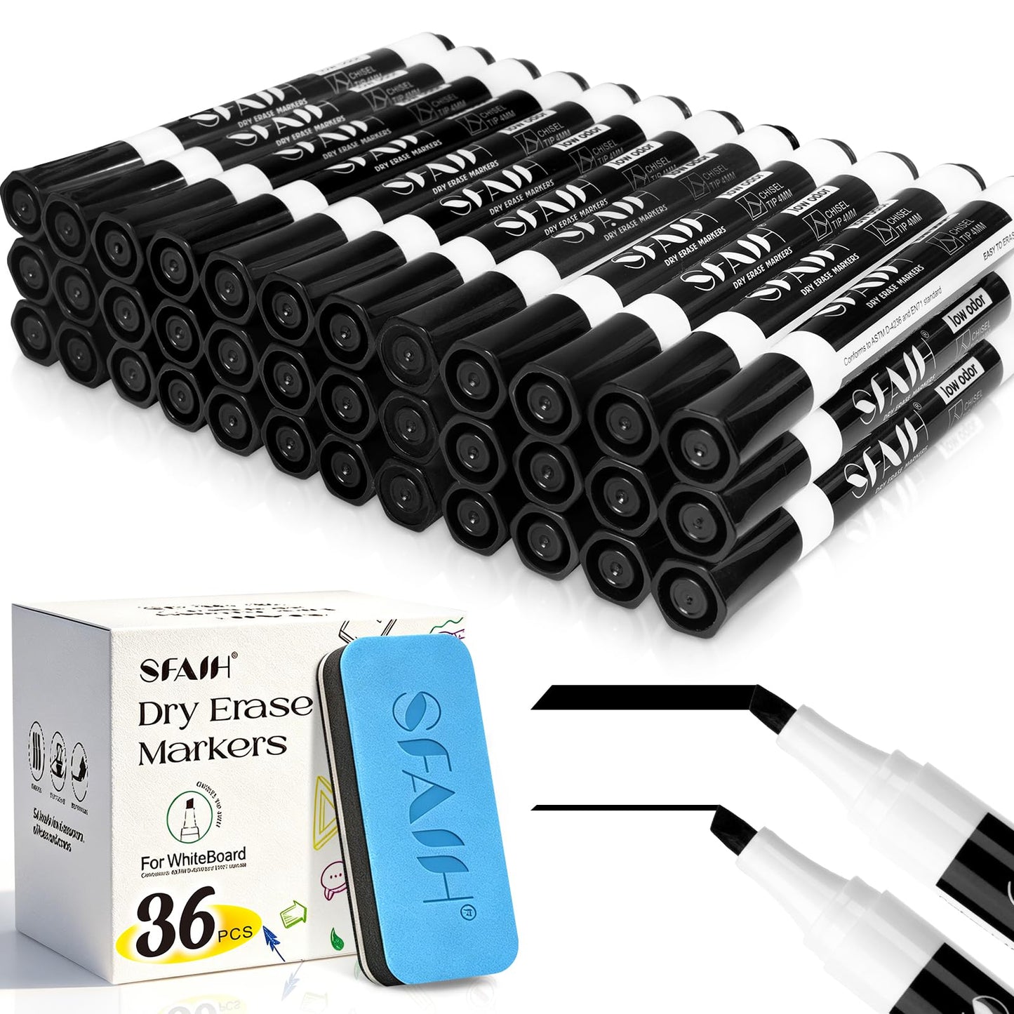 SFAIH Dry Erase Markers Chisel Tip with Magnetic Whiteboard Eraser, 36 Bulk Pack Black White Board Markers for Teachers, Versatile Lines, 1s Quickly Dry, Essential Supplies for Office Teacher