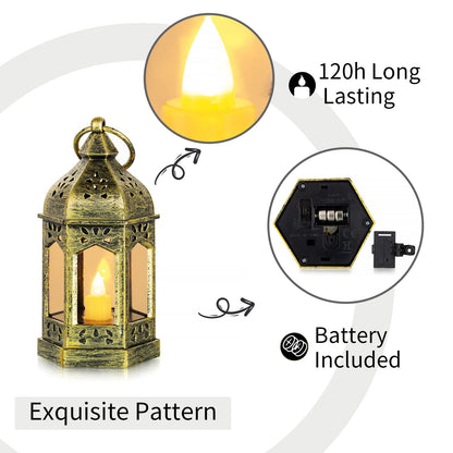 Romadedi Mini Lanterns Decorative for Centerpiece: 10pcs Hanging Small Gold Lantern Bulk with Flickering LED Candles for Wedding Decor Party Table Decorations Christmas Halloween, Batteries Included