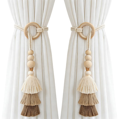 SPRFAIRY 2PCS Boho Curtain Tiebacks Handmade Rope Curtain Tiebacks Drapery Curtain Holdbacks for Indoor Outdoor Drapes Decorative (Beige)