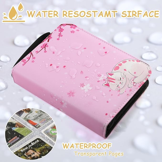 Card Binder 4-pocket,400 Pockets Trading Card Holder Album Book Case for TCG Cards Collection Sports Trading Cards Collector Album for Boys Girls Toys Gift Pink Sakura Cat