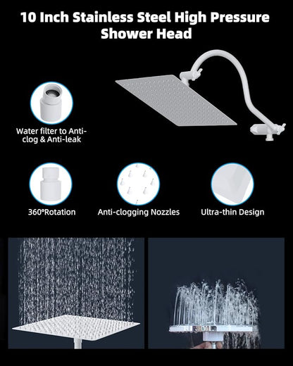 Hibbent All Metal High Pressure Rainfall 10'' Shower Head, Handheld Showerhead Combo, 12'' Adjustable Shower Extension Arm, 7-Spray, 71'' Hose, Adhesive Showerhead Holder, White