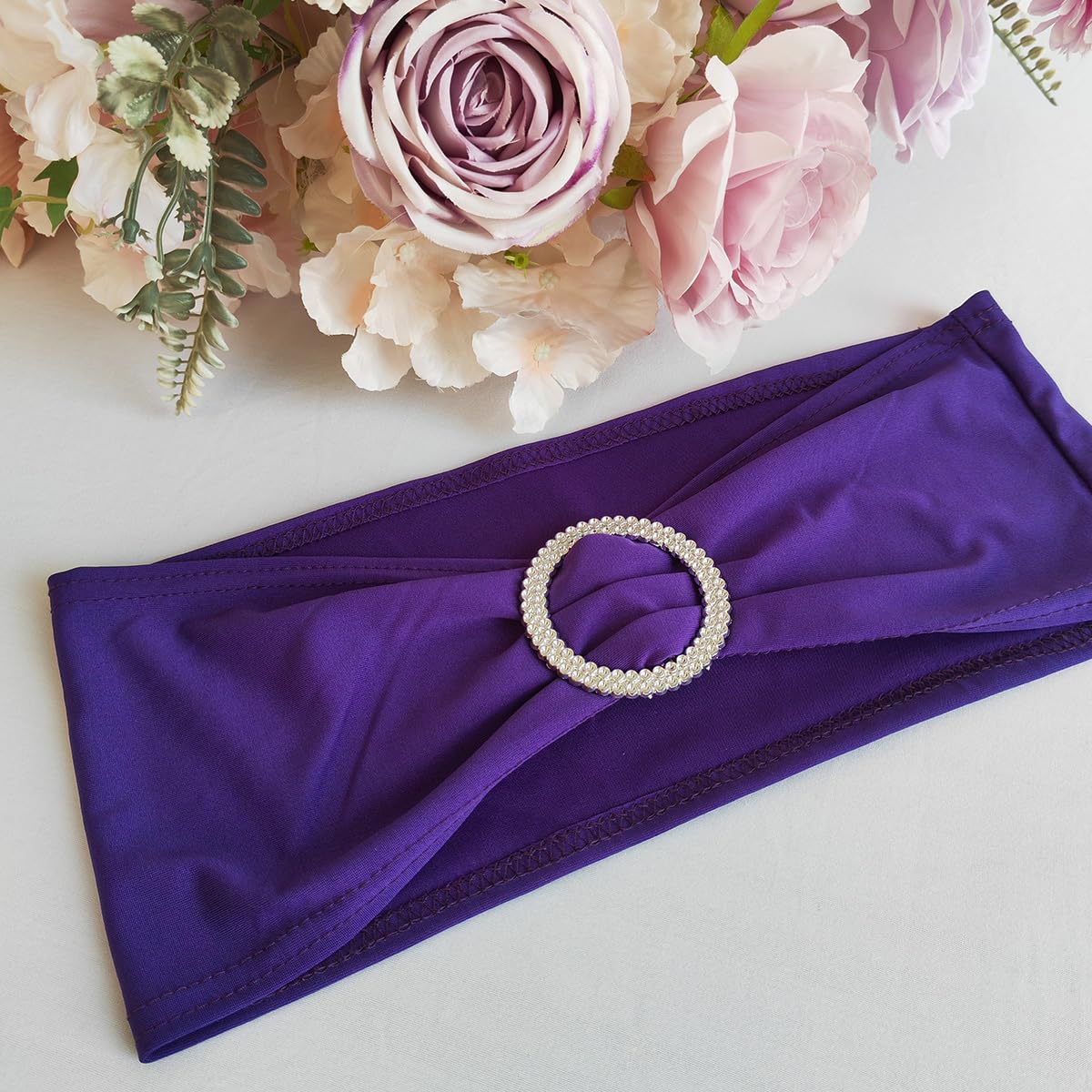 Albassa Chair Sashes Spandex Stretch Chair Bows with Buckle Slider for Wedding Party Decorations (Purple, 25PCS)
