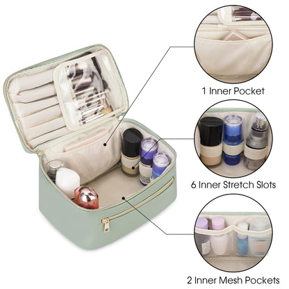 Wandering Nature Makeup Bag, Travel Make Up Organizer Cosmetic Brush Bags Case for Women in Vegan Leather, Sage Green, Patent Pending