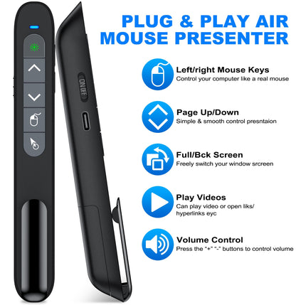 USB Type C Wireless Rechargeable Presenter Remote with Air Mouse, Green Light, Volume Control, Presentation Clicker PPT Pointer 2.4GZ PowerPoint Clicker Slide Advancer for Window Mac Keynote Google