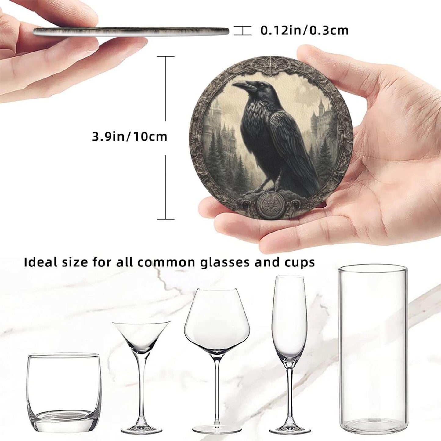sunwarshile Raven Coasters for Drinks with Holder Round Leather Coasters Set of 6 Cups Mugs Mat Pad for Home Kitchen Bar