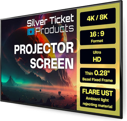 Silver Ticket Products S7 Series 6 Piece Thin Bezel Home Theater Fixed Frame 4K/8K Ultra HD, HDTV, HDR & Active 3D Projection Screen, 16:9 Format, 92" Diagonal, UST Flare Material S7-16992-FLARE