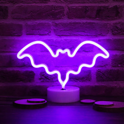 Vicila LED Neon Bat Lights Purple, Bat Shape Neon Signs Night Lights Battery Operated Desk Table Lamp for Bedroom, Bar, Wall, Halloween Decor-Bat with Holder Base(Purple)