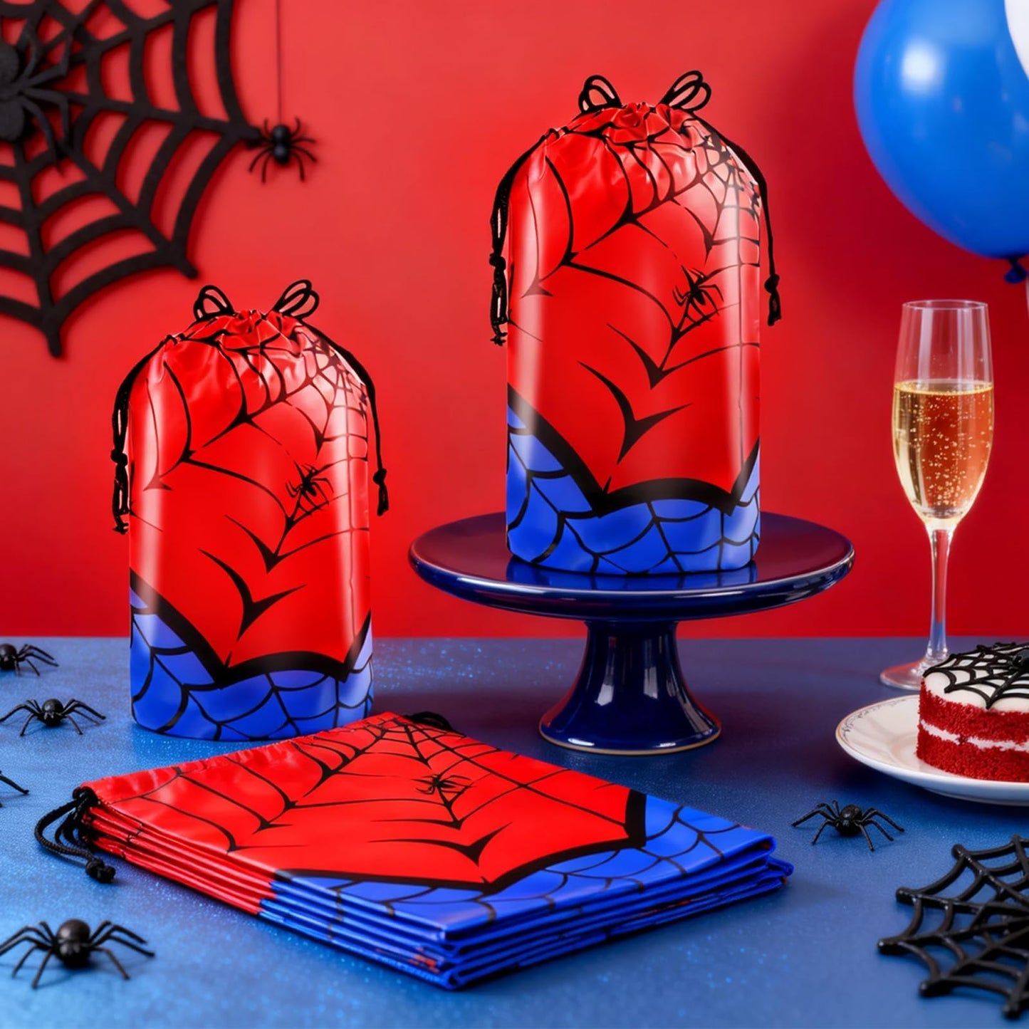 HLHLLSW 50 PCS Spider Web Drawstring Bags, Red Blue Plastic Goodie Candy Bags with Drawstring, for Kids Spider Theme Birthday Party Favors Decorations & Supplies
