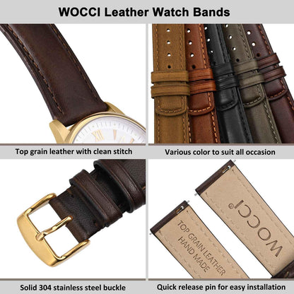 WOCCI 20mm Watch Band for Men and Women, Genuine Leather - Top Grain Leather, Quick Release Strap, Golden Buckle (Dark Brown)
