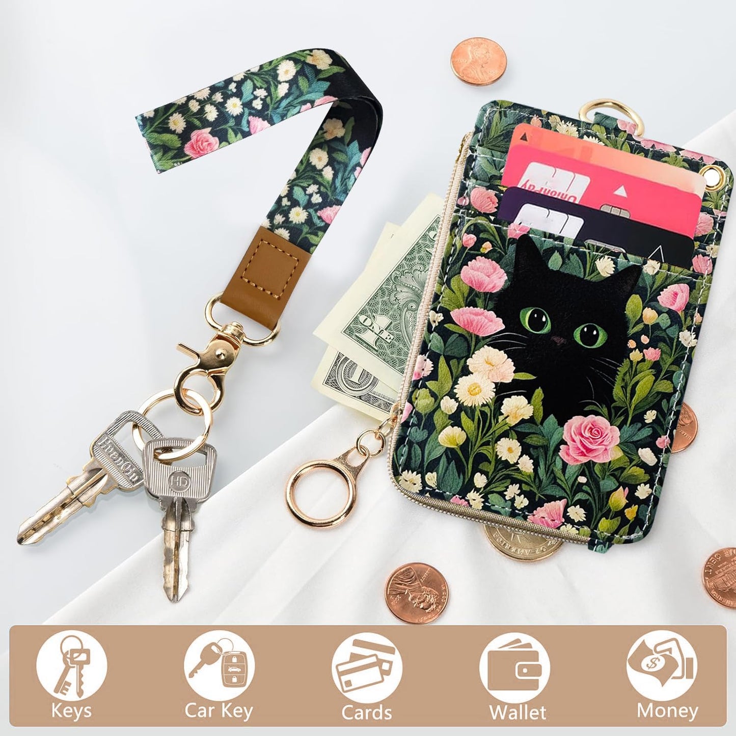 2-in-1 ID Badge Holder & Lanyard Wallet Cute Women Leather Zip ID Case Wallet with Breakaway Wrist Neck Lanyard, Clear Window, 5 Card Slots, Ring Keychain for Worker Teacher Floral Halloween Black Cat