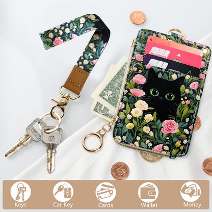 2-in-1 ID Badge Holder & Lanyard Wallet Cute Women Leather Zip ID Case Wallet with Breakaway Wrist Neck Lanyard, Clear Window, 5 Card Slots, Ring Keychain for Worker Teacher Floral Halloween Black Cat