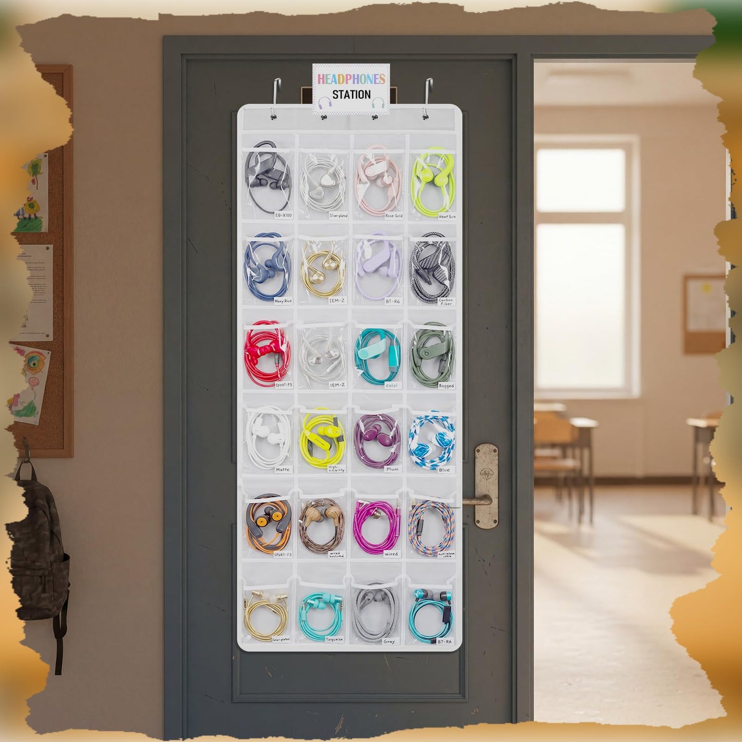 Maasechs Classroom Headphone Storage Organizer 24 PVC Clear Over The Door Hanging Classroom Headphone Holder Pocket with 4 Hooks for School Library(White)