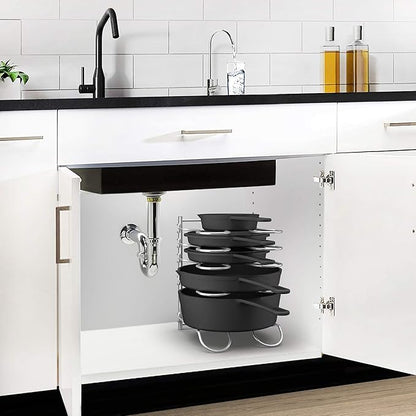 CAXXA Heavy Duty Pan Rack, Pot Lid Rack, Kitchen Cabinet Pantry Cookware Organizer Rack Holder with 5 Adjustable Dividers, Chrome (Pack of 2)