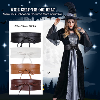 4 Pack WERFORU Women Obi Belt PU Leather Self Tie Wrap Wide Waistband Boho Belt for Costumes, Black+White+Brown+Coffee, Suit for Waist Size 25"-32"