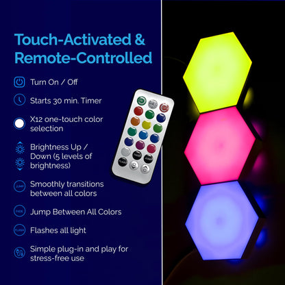 Emberela HEXlights 3-Pack Hexagon Lights, Touch and Remote Controlled RGB Wall Panels - LED Light Panels for Living Room, Bedroom, Game Room Decor - Table Stand Included