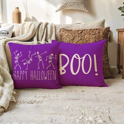 ULOVE LOVE YOURSELF 2pack Halloween Skeleton Decor Pillow Covers 18x18 Inch Happy Halloween Skull/Boo Cushion Covers Farmhouse Funny Skull Decorative Pillowcases for Sofa/Couch/Porch(Purple)