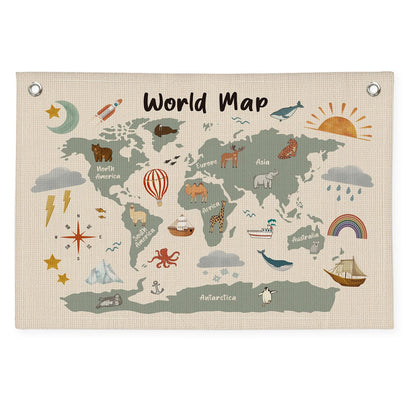 Wheatwin World Maps for Wall, Kids World Map Banner, Cute Animal World Map Educational Tapestry Wall Hanging Banner Flag Decor for Kids Room Classroom Playroom